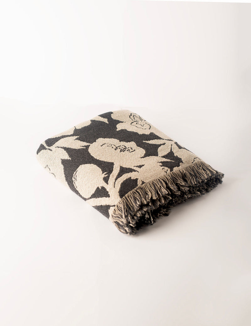 Neutral Botanical Throw Blanket, Reversible Cotton Jacquard Throw-zoom-