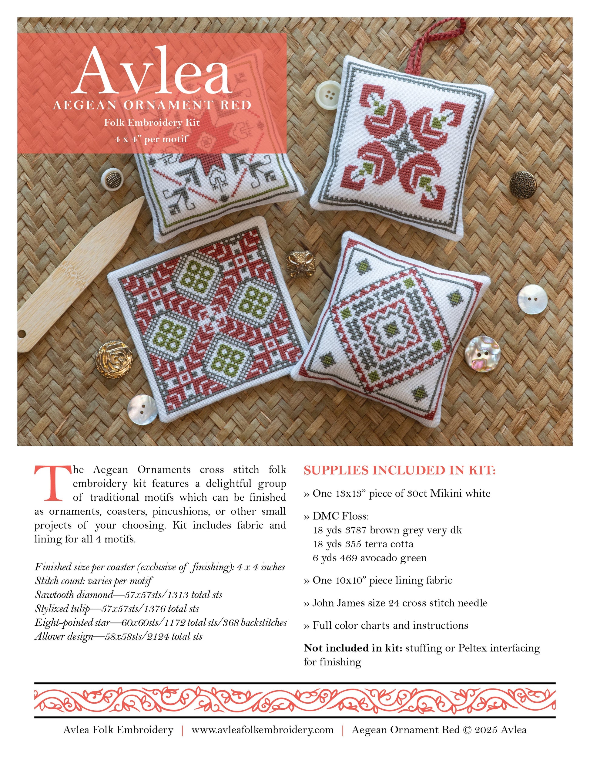 Aegean Ornaments Red Cross Stitch Folk Embroidery Kit-5
