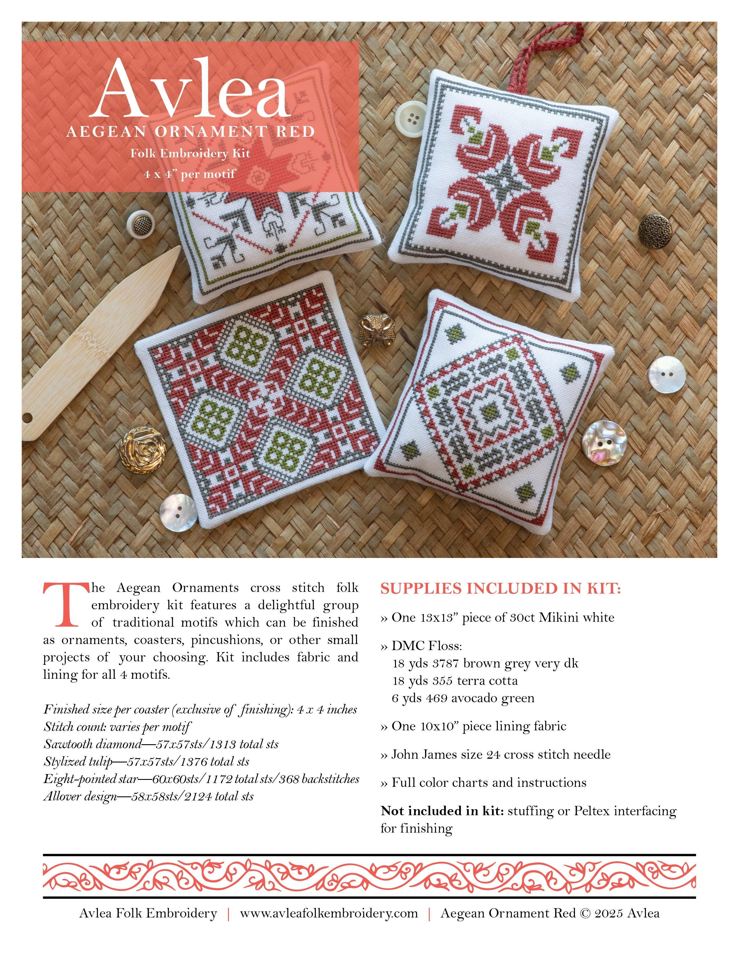 Aegean Ornaments Red Cross Stitch Folk Embroidery Kit-zoom-5