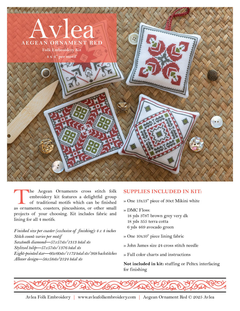 Aegean Ornaments Red Cross Stitch Folk Embroidery Kit-zoom-