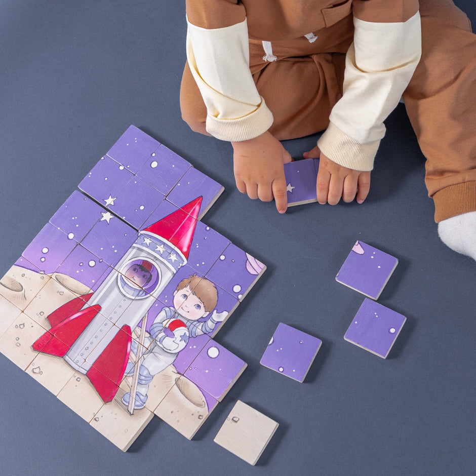 Magic Magnetic Wooden Puzzle with Cotton Bag | Astronaut in Space - Aware House - Miller Boys Vintage Toys -
