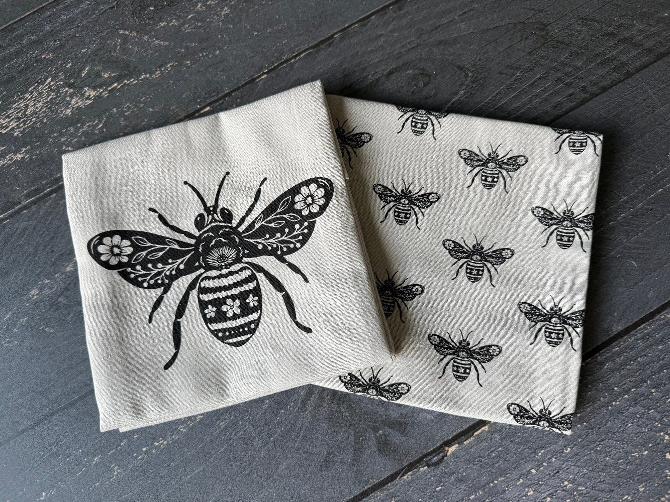 Linen Cotton Hand Towels Set | Bee Print Kitchen Tea Towels (Set of 2) - Aware House