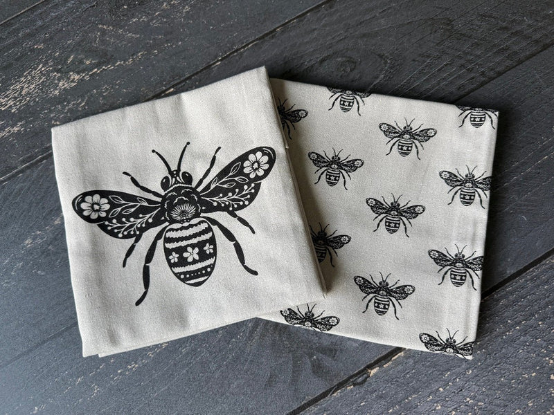 Linen Cotton Hand Towels Set | Bee Print Kitchen Tea Towels (Set of 2)-zoom-
