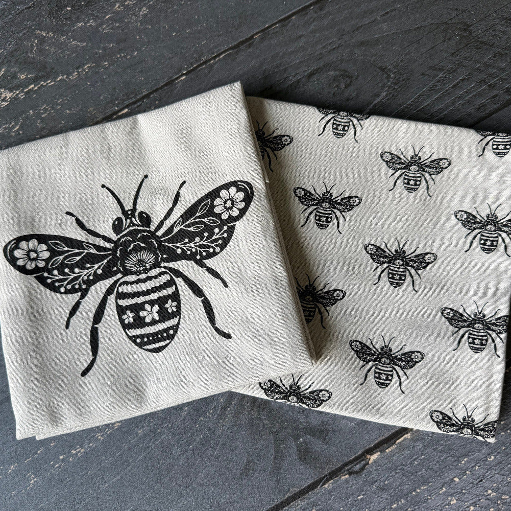 Linen Cotton Hand Towels Set | Bee Print Kitchen Tea Towels (Set of 2)