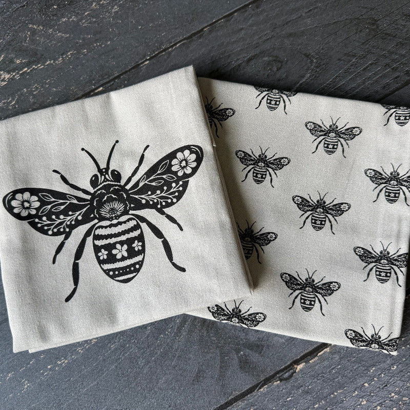 Linen Cotton Hand Towels Set | Bee Print Kitchen Tea Towels (Set of 2)-zoom-