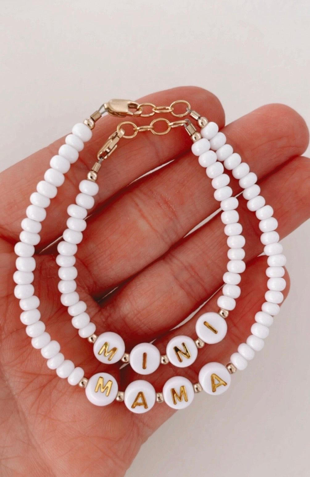 Mama and Mini White Name Bracelet Set | Personalized-zoom-3