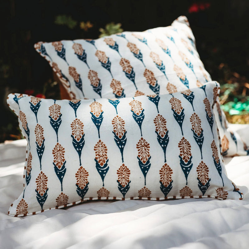 Bahaar Lumbar Throw Pillow Cover – Ginger & Blue-zoom-