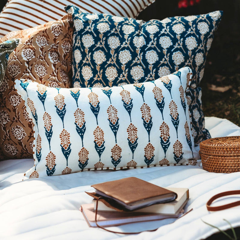 Bahaar Lumbar Throw Pillow Cover – Ginger & Blue-zoom-