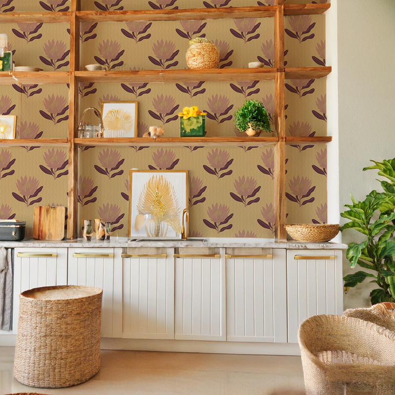 King Protea Wallpaper, butter yellow and mauve-zoom-