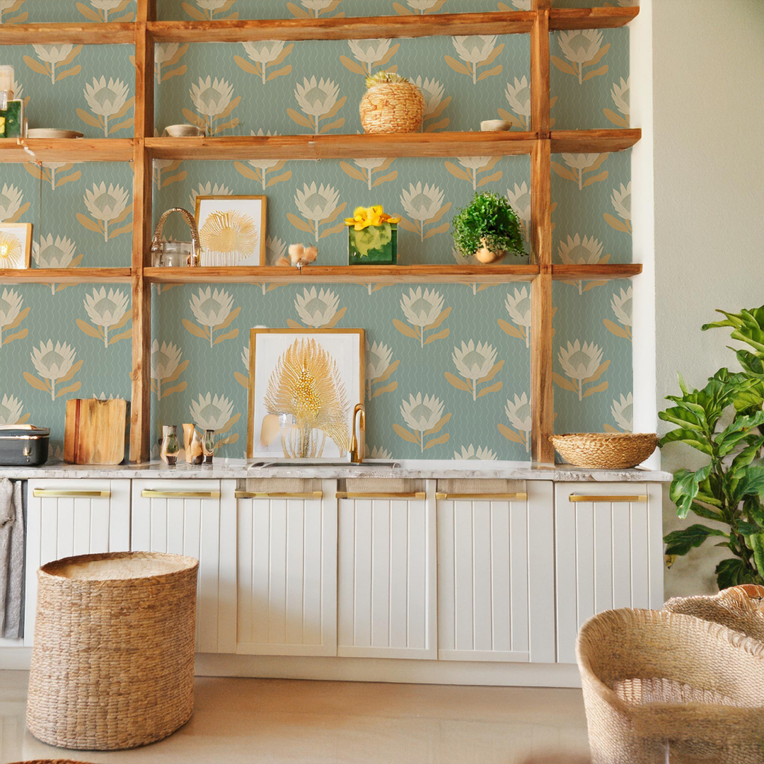 King Protea Wallpaper, Light Blue and Apricot-8