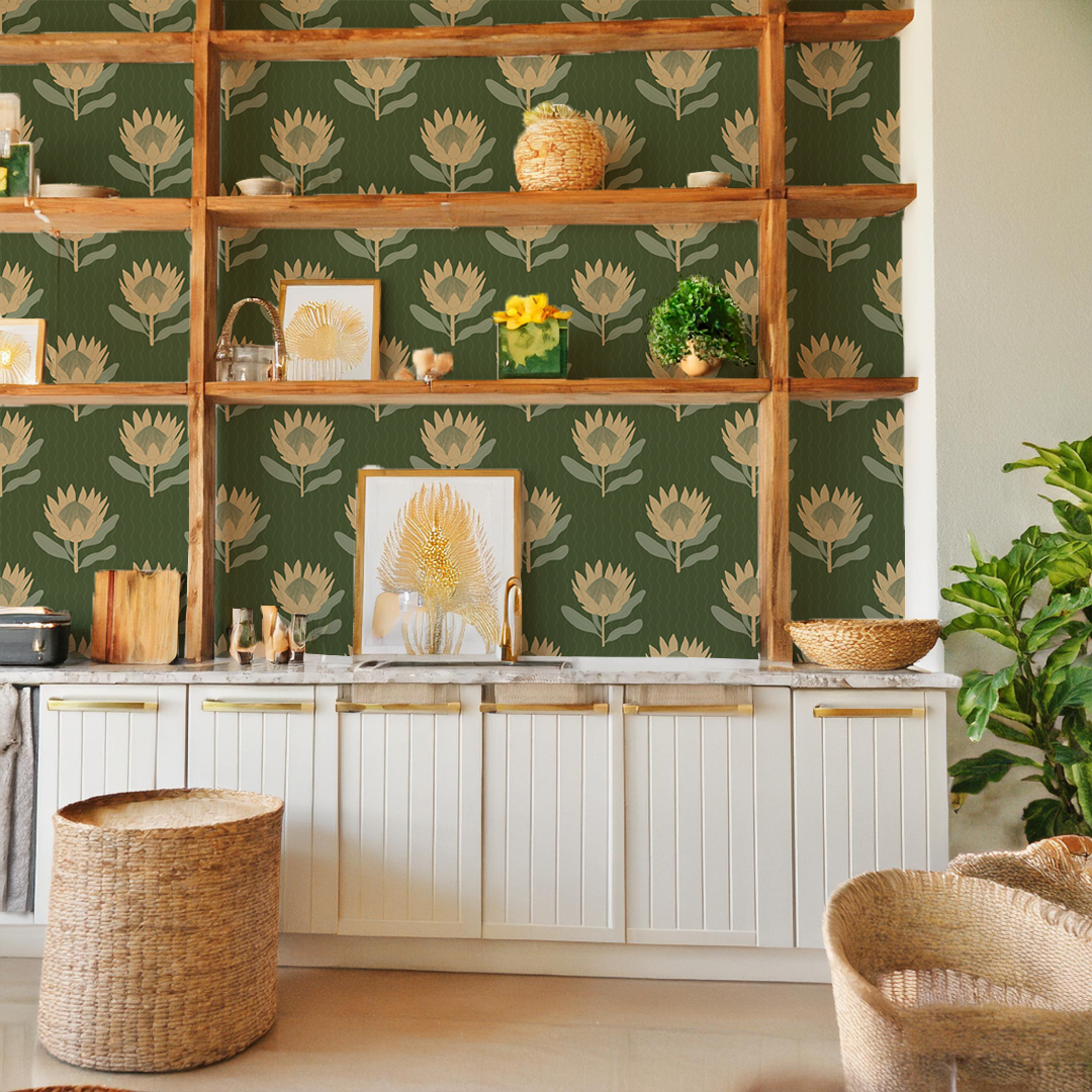 King Protea Wallpaper, forest green and butter yellow-10