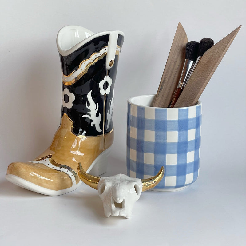 Two Tone Monogrammed Cowboy Boot Vase-zoom-