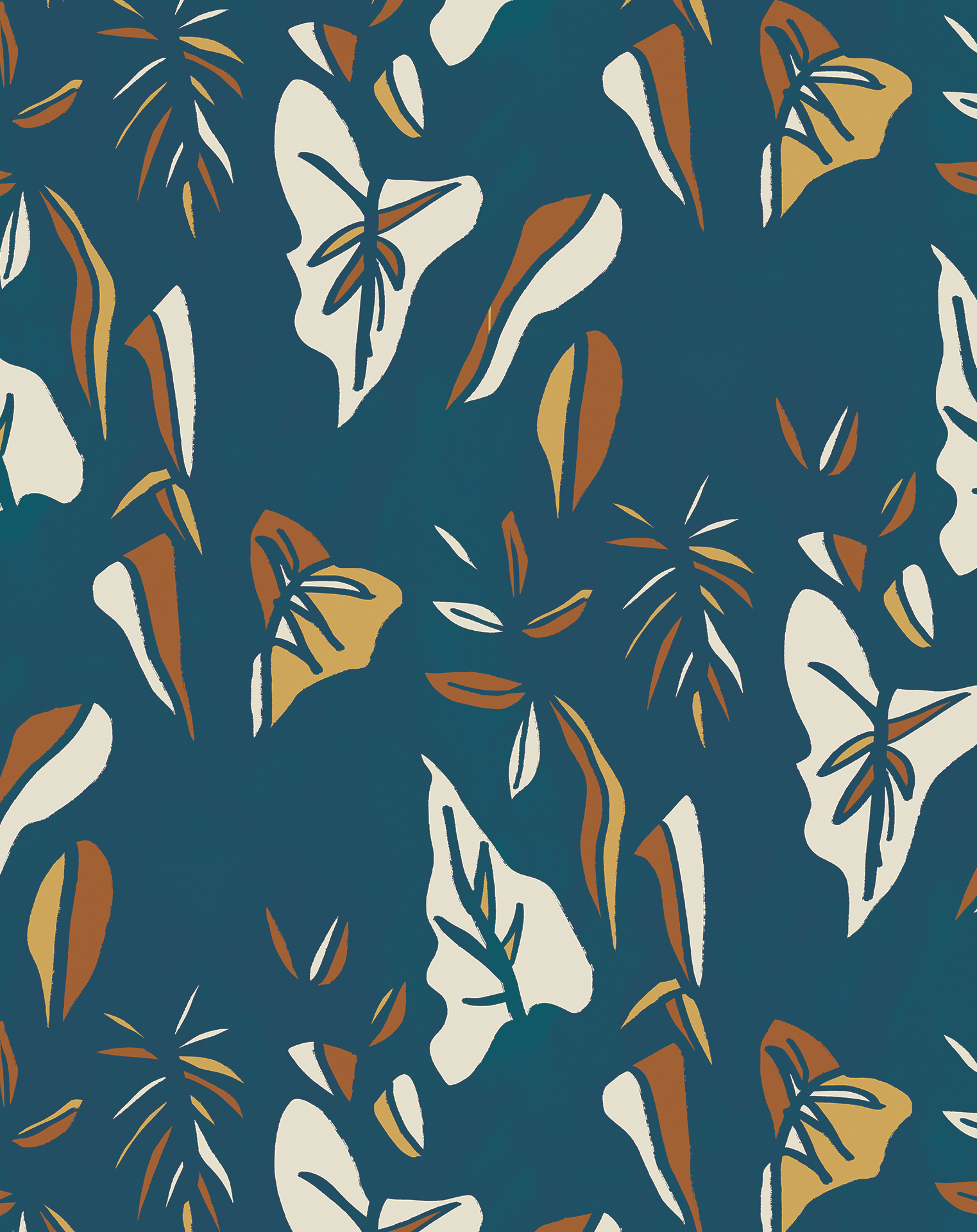 Block Print Foliage Wallpaper, blue-zoom-2