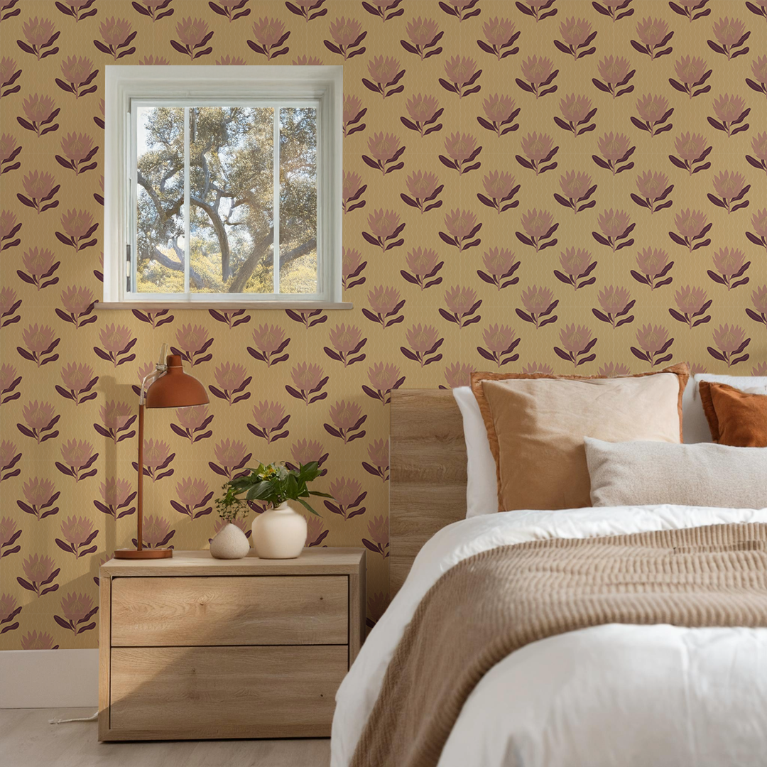 King Protea Wallpaper, butter yellow and mauve-10