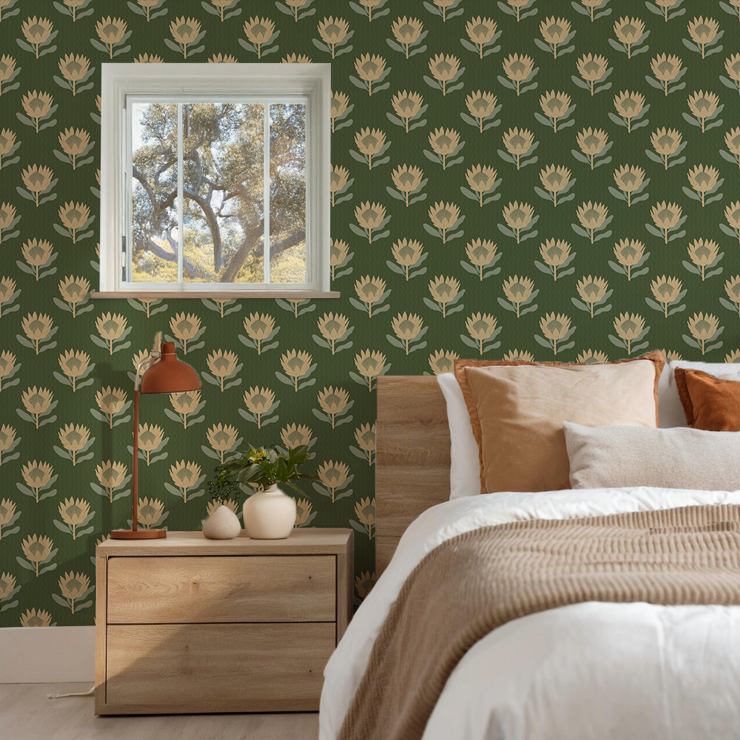 King Protea Wallpaper, forest green and butter yellow-9