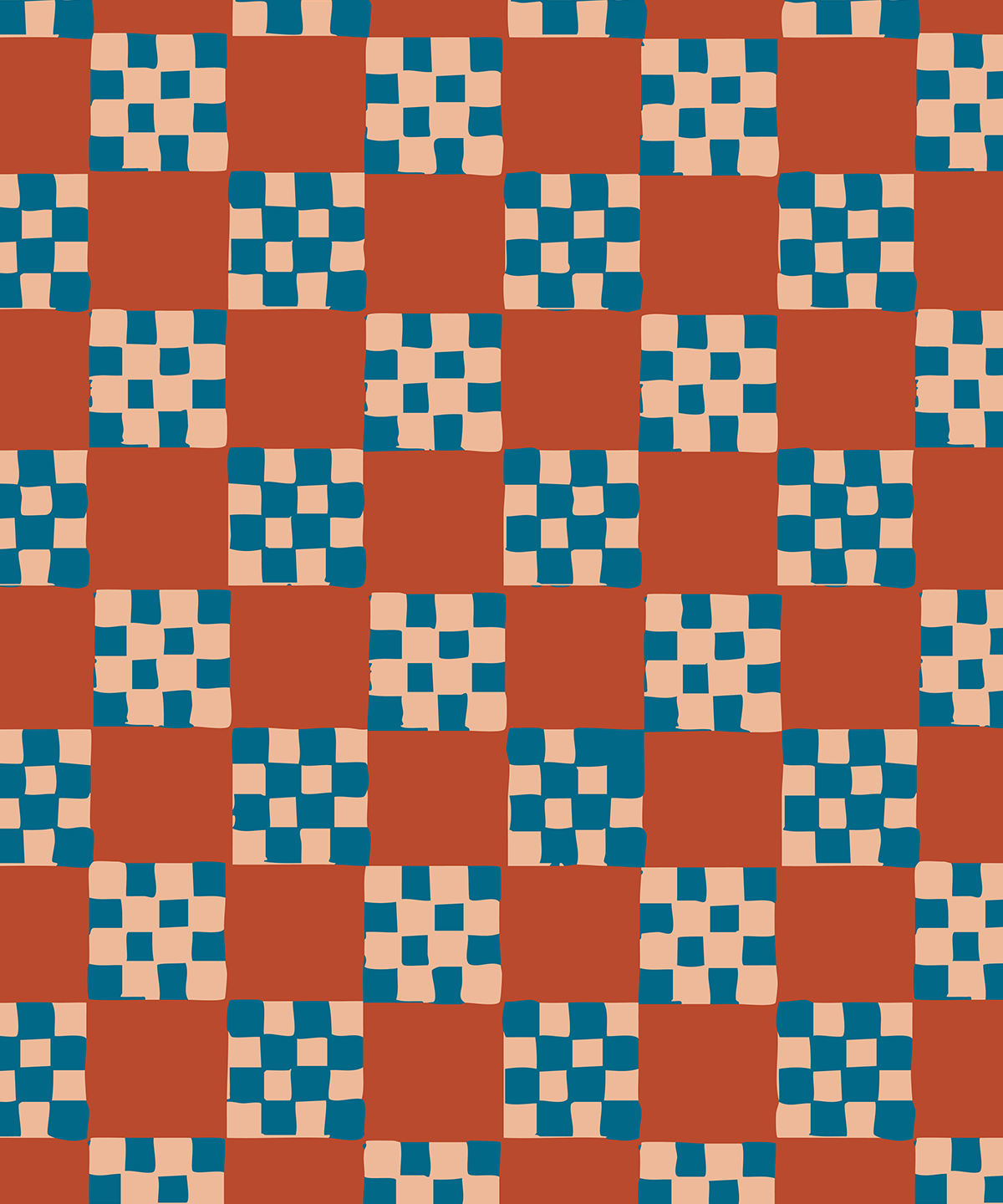 Checkered Quilt Wallpaper, rust, peach & blue