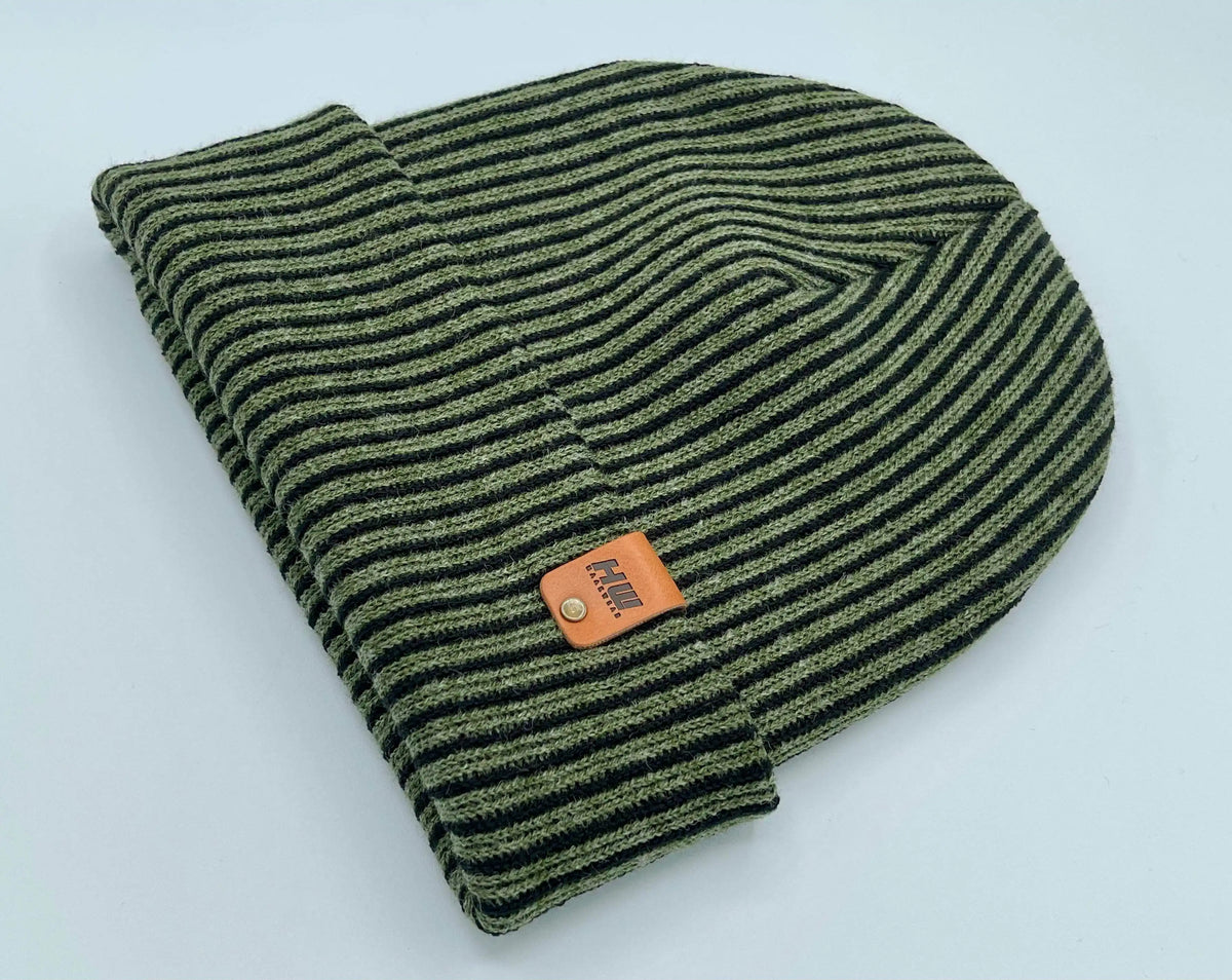 Cuffed Wide Ribbed Striped Beanie, Contrast, Black and Green, Classic Beanie-zoom-5
