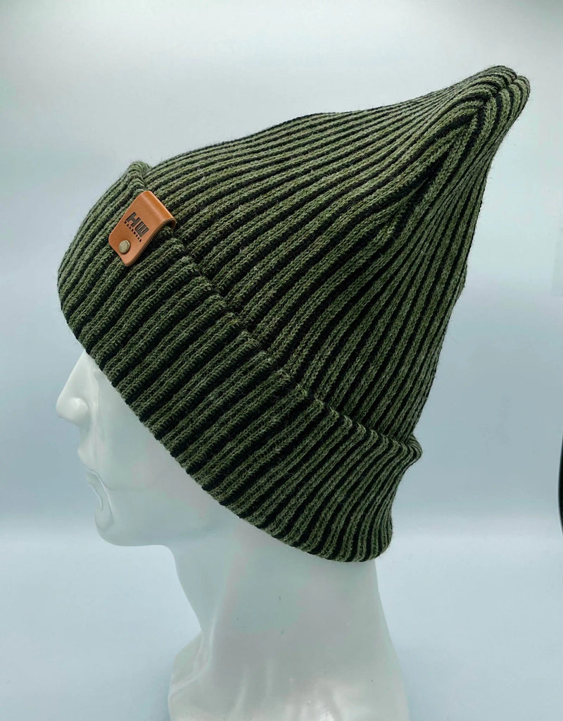 Cuffed Wide Ribbed Striped Beanie, Contrast, Black and Green, Classic Beanie-zoom-