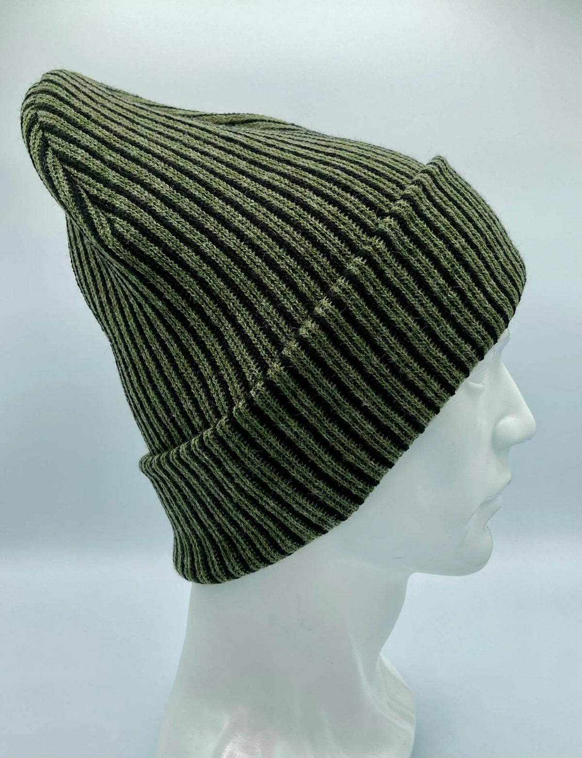Cuffed Wide Ribbed Striped Beanie, Contrast, Black and Green, Classic Beanie-zoom-3