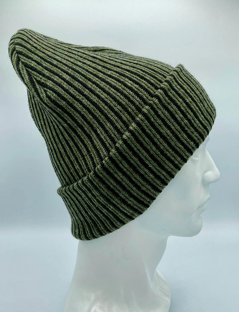 Cuffed Wide Ribbed Striped Beanie, Contrast, Black and Green, Classic Beanie-zoom-