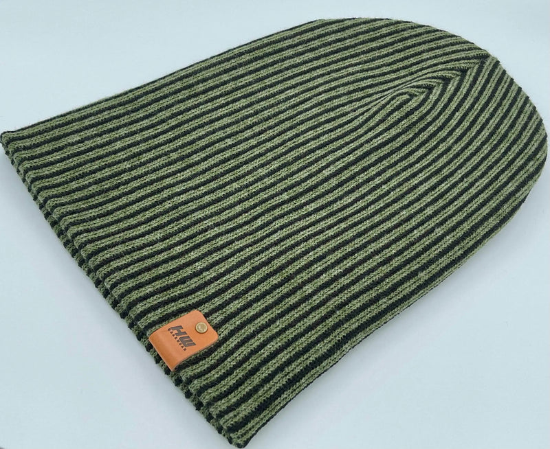 Cuffed Wide Ribbed Striped Beanie, Contrast, Black and Green, Classic Beanie-zoom-