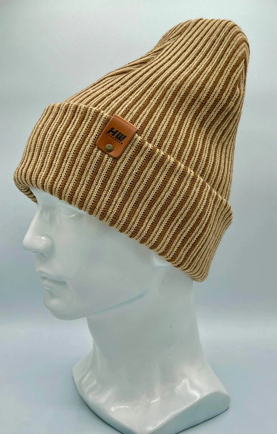 Cuffed Wide Ribbed Striped Beanie, Contrast, Brown and Beige, Classic Beanie - Aware House - HAAKWEAR USA -