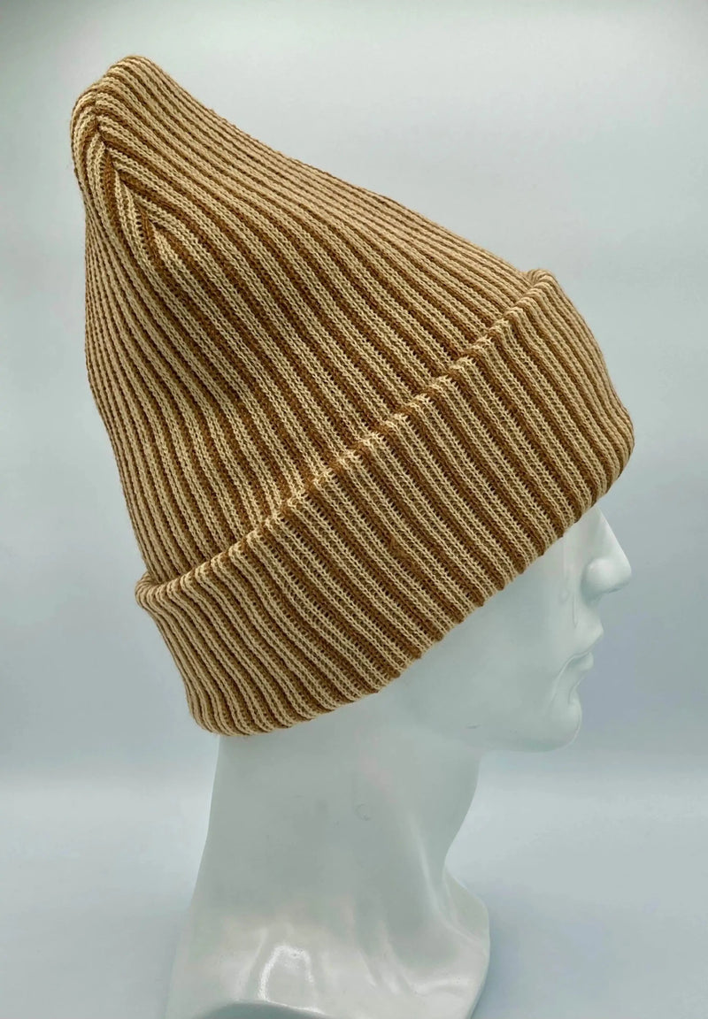 Cuffed Wide Ribbed Striped Beanie, Contrast, Brown and Beige, Classic Beanie-zoom-