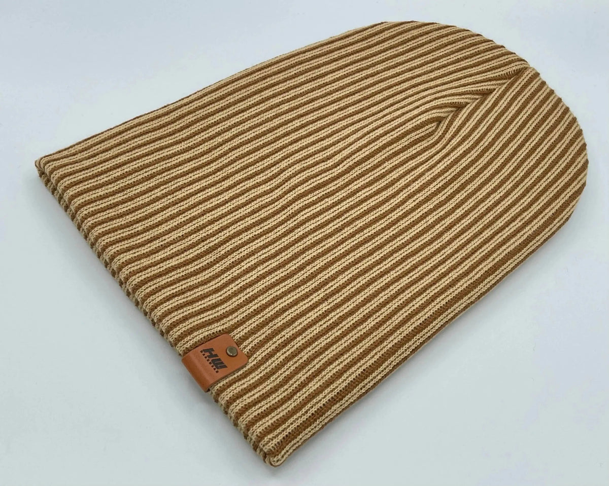 Cuffed Wide Ribbed Striped Beanie, Contrast, Brown and Beige, Classic Beanie - Aware House - HAAKWEAR USA -