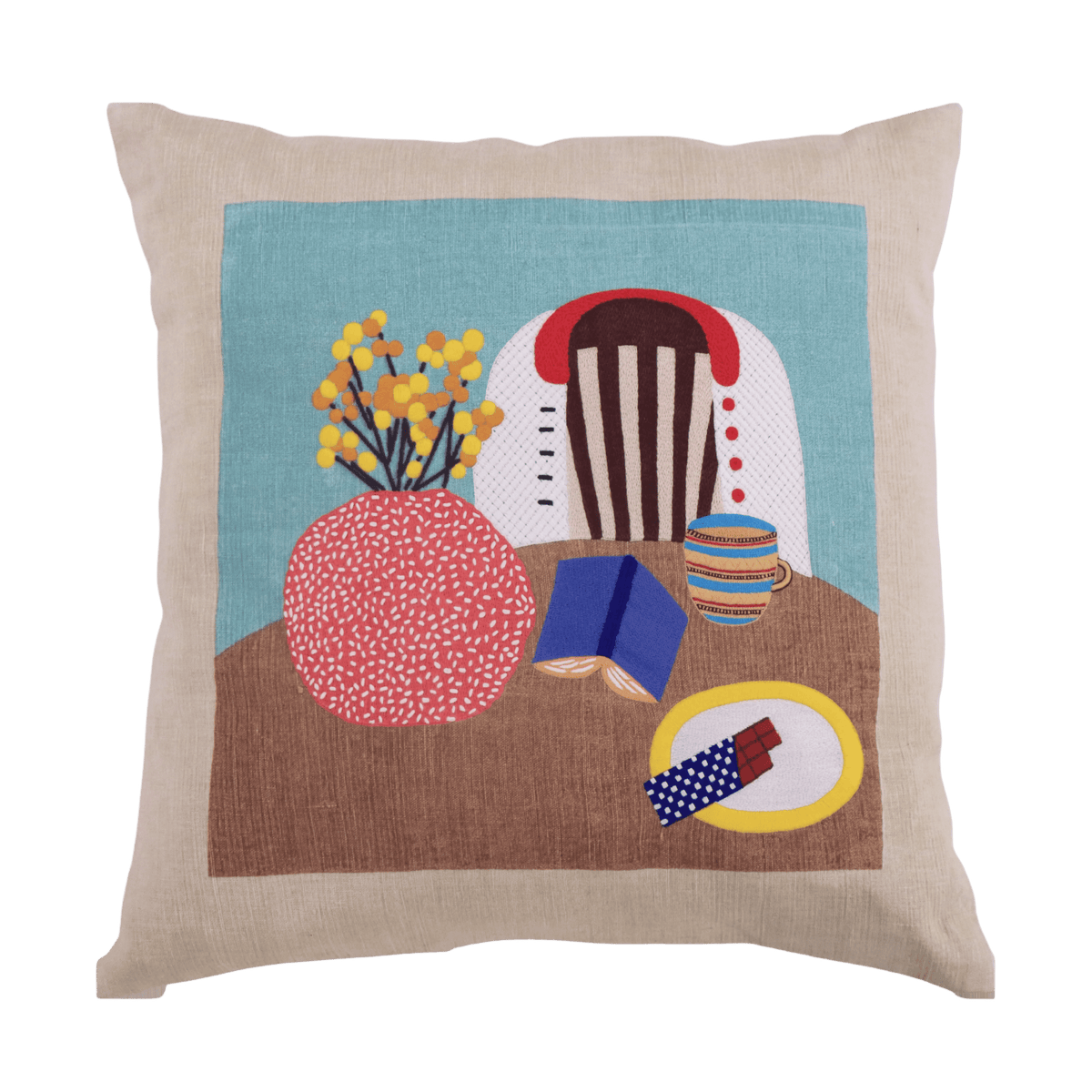 Hand Embroidered Still Life Pillow Cover | Coffee - Aware House - Neem Crafts -