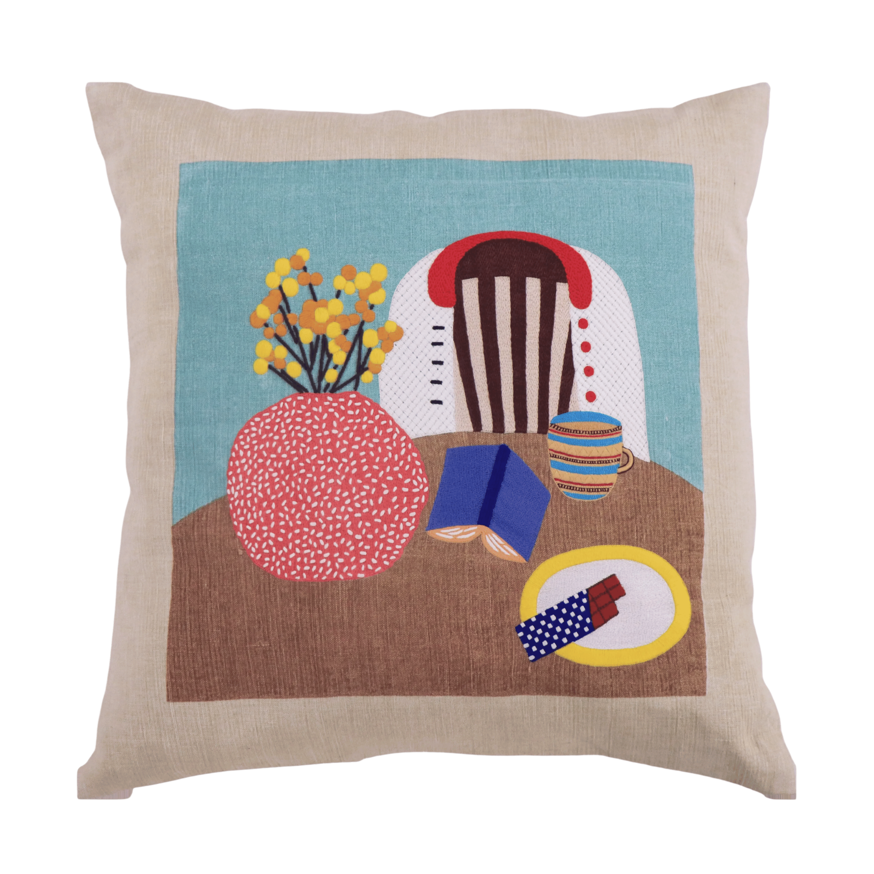 Hand Embroidered Still Life Pillow Cover | Coffee-zoom-1