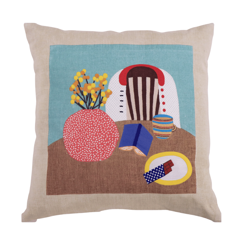 Hand Embroidered Still Life Pillow Cover | Coffee-zoom-