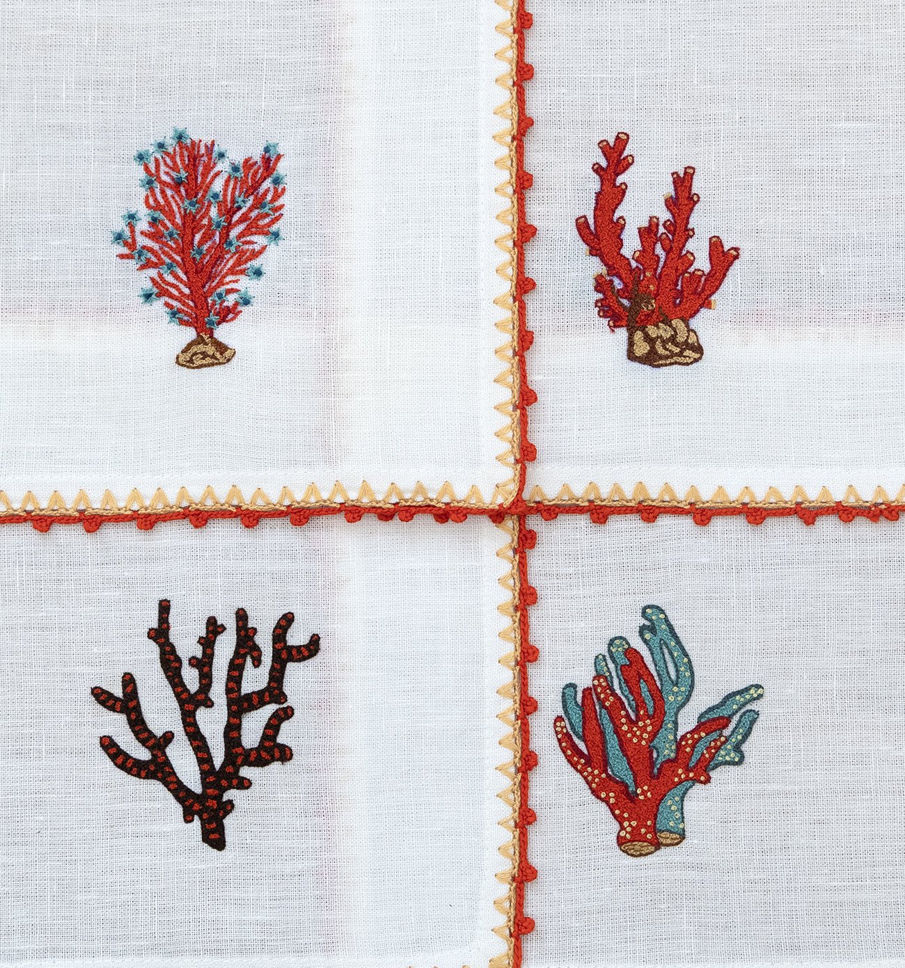 Hand Embroidered Coral Crest Cocktail Napkins | Set of 4 - Aware House