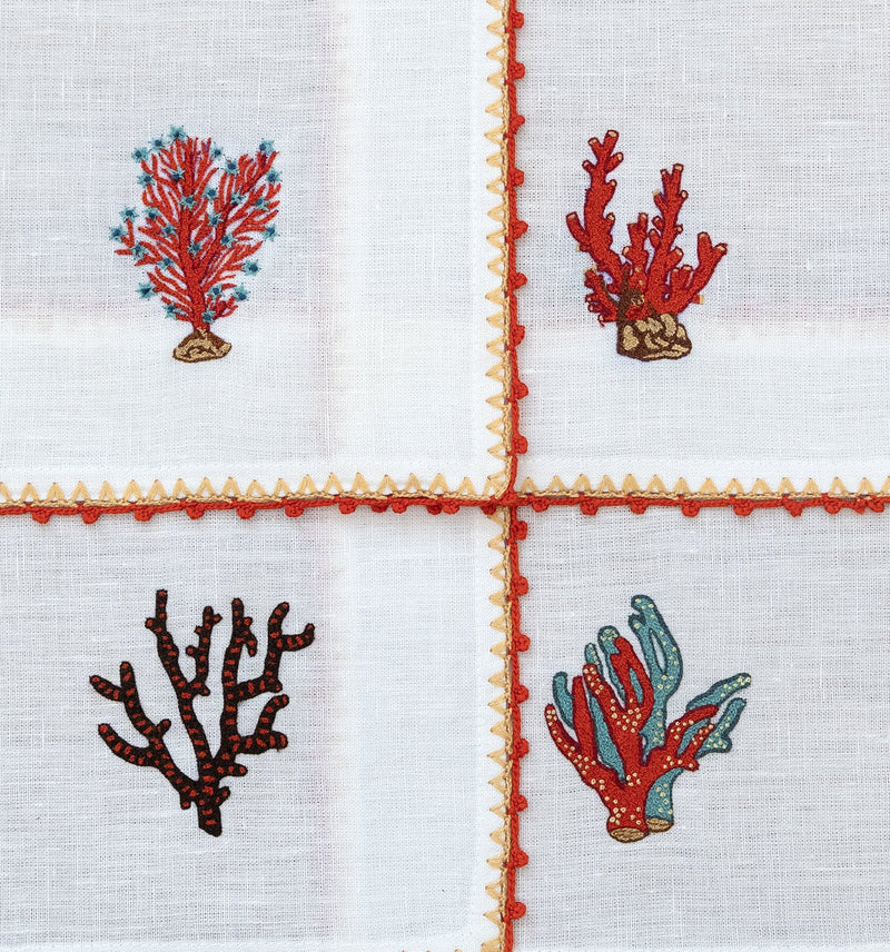 Hand Embroidered Coral Crest Cocktail Napkins | Set of 4-zoom-