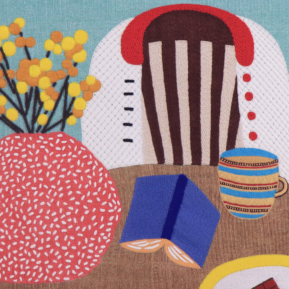 Hand Embroidered Still Life Pillow Cover | Coffee-2