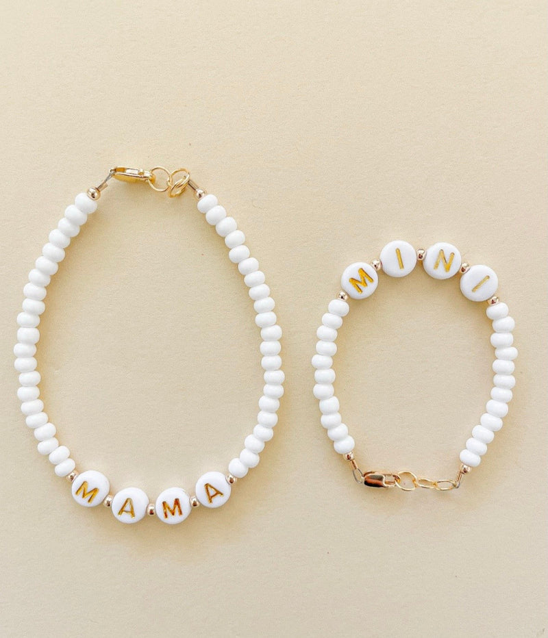 Mama and Mini White Name Bracelet Set | Personalized-zoom-