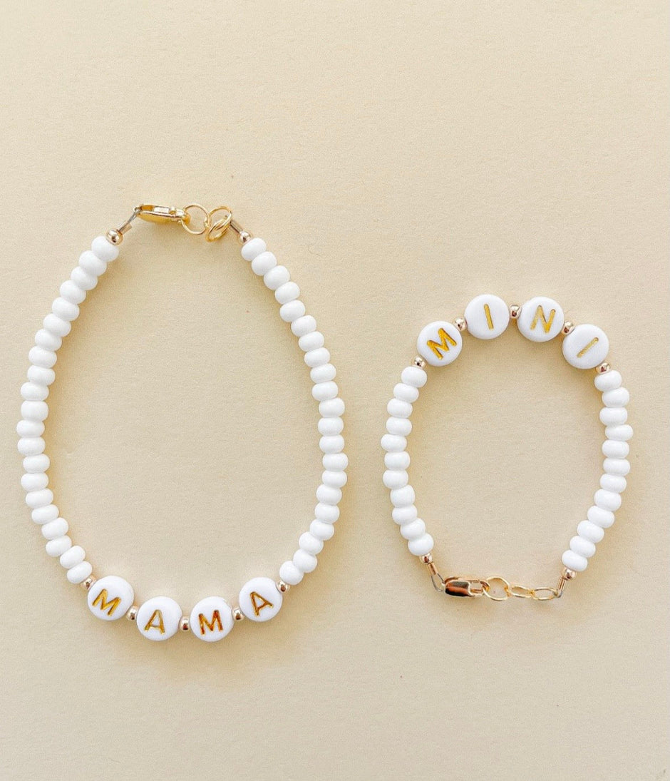 Mama and Mini White Name Bracelet Set | Personalized