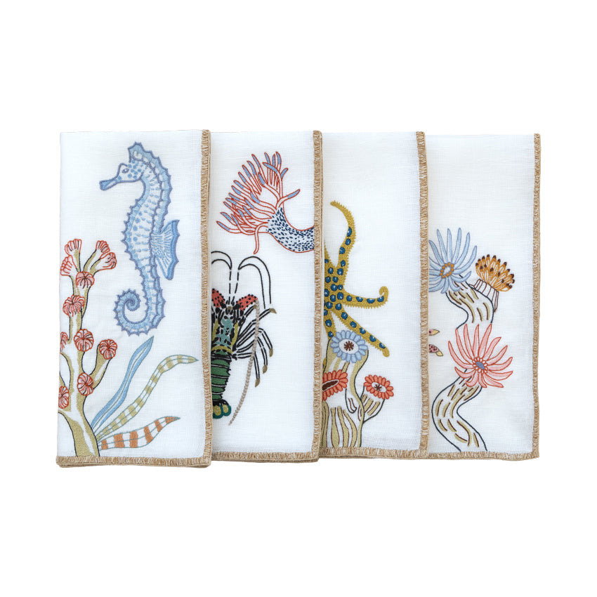 Hand Embroidered Marine Life Napkins | Set of 4