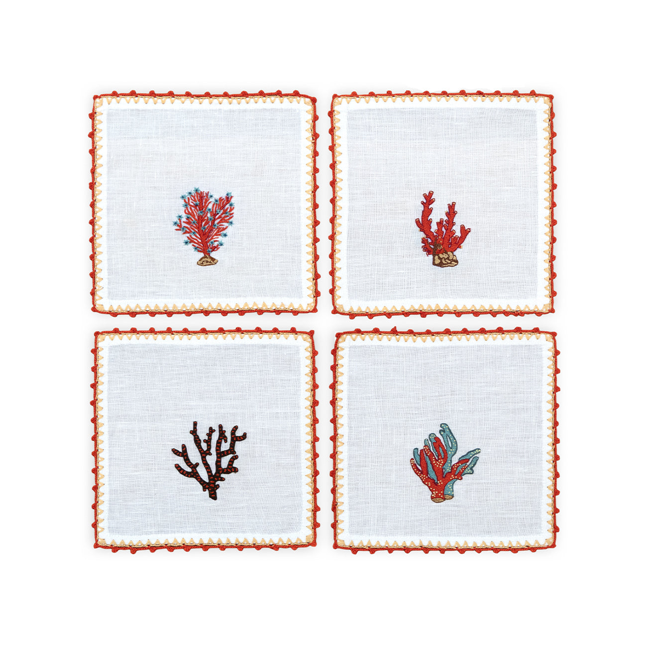 Hand Embroidered Coral Crest Cocktail Napkins | Set of 4