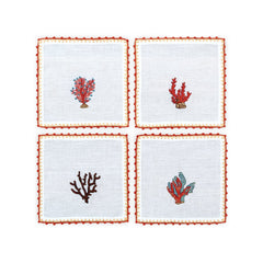 Hand Embroidered Coral Crest Cocktail Napkins | Set of 4 - Aware House