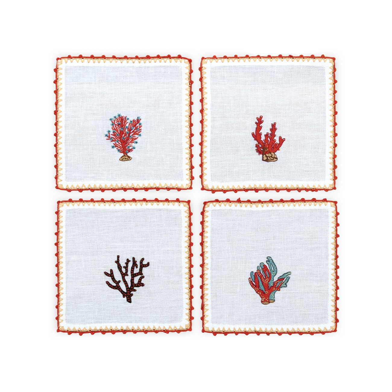 Hand Embroidered Coral Crest Cocktail Napkins | Set of 4 - Aware House