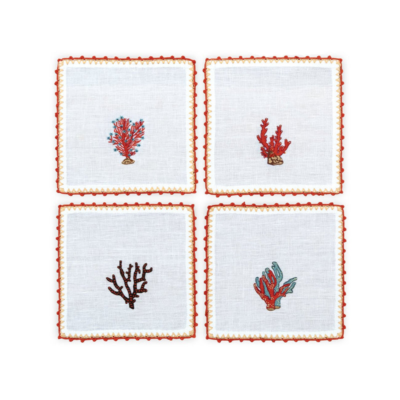 Hand Embroidered Coral Crest Cocktail Napkins | Set of 4-zoom-