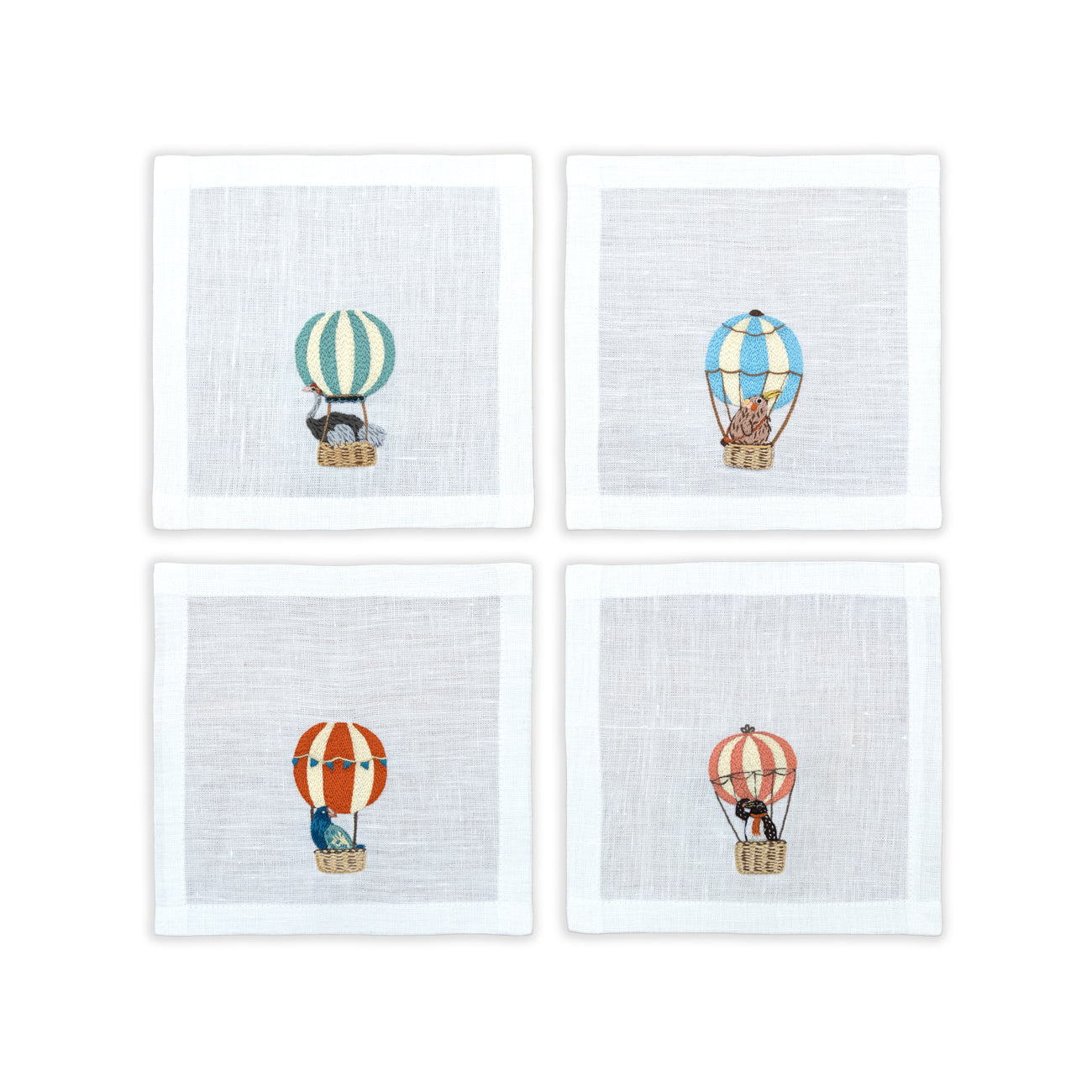 Hand Embroidered Balloon Safari Cocktail Napkins | Set of 4