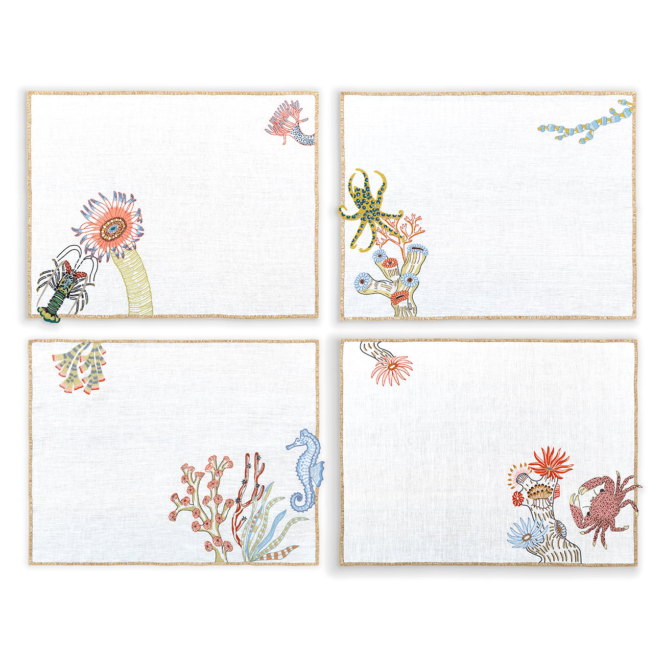 Hand Embroidered Marine Life Placemats | Set of 4