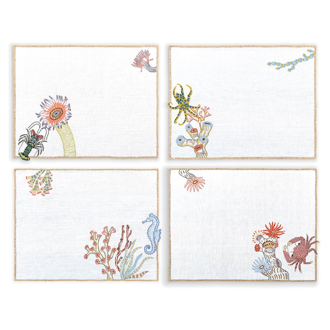 Hand Embroidered Marine Life Placemats | Set of 4 - Aware House