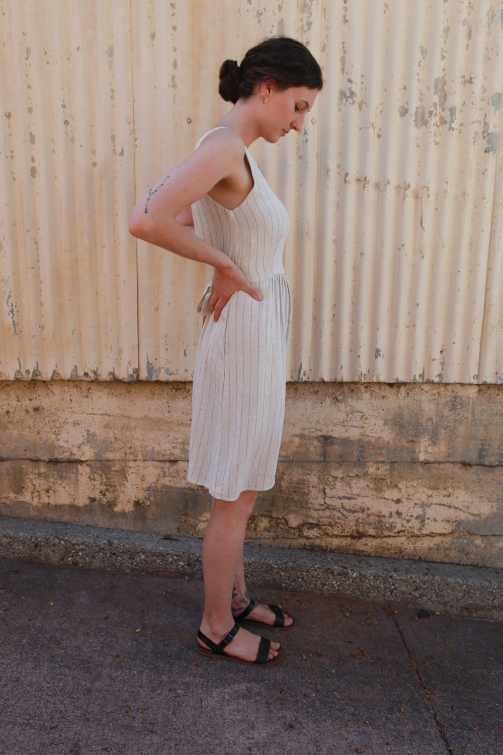 Hannah Dress in Oat Linen Stripe-6