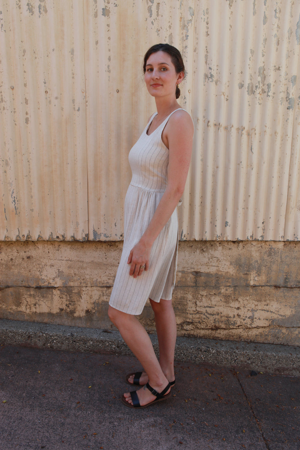 Hannah Dress in Oat Linen Stripe-3