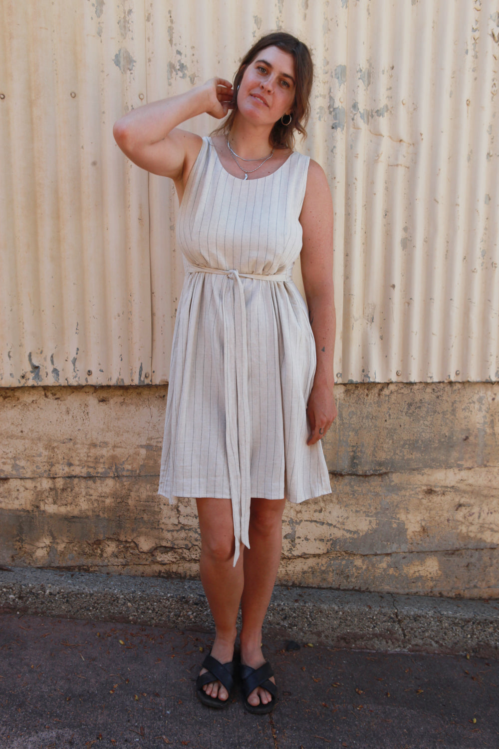 Hannah Dress in Oat Linen Stripe-zoom-2