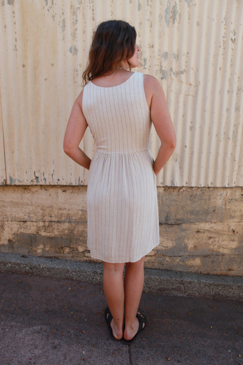 Hannah Dress in Oat Linen Stripe-zoom-