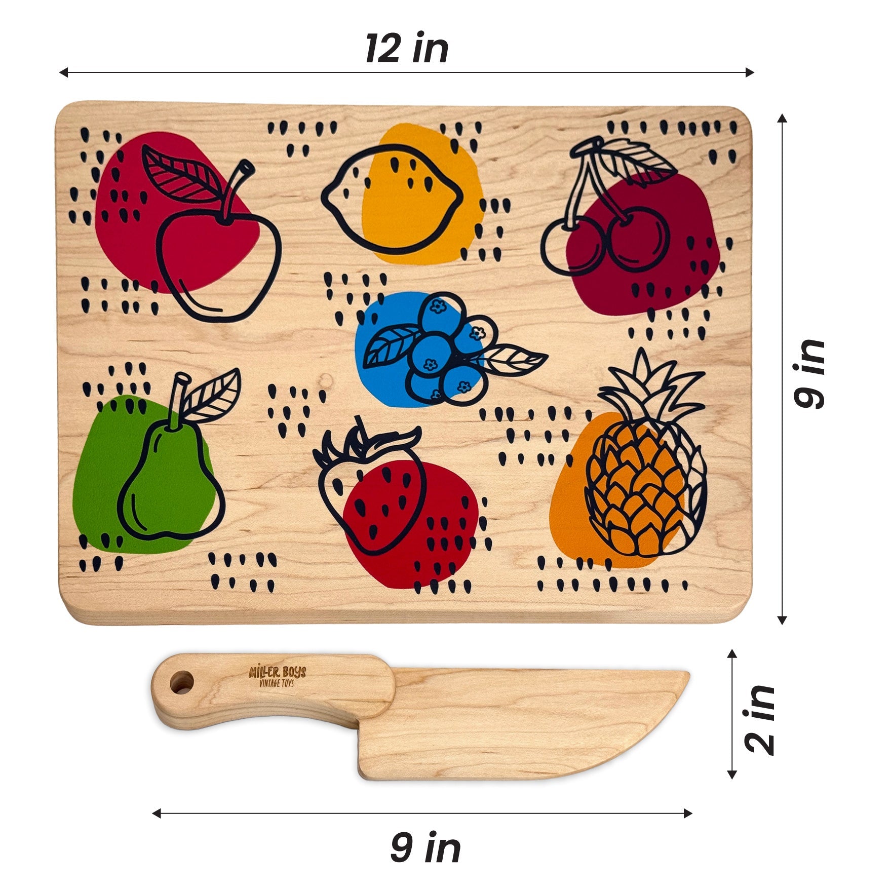 Kid's Chef-in-Training Fruit Wooden Cutting Board with Handcrafted Wooden Knife - Aware House - Miller Boys Vintage Toys -