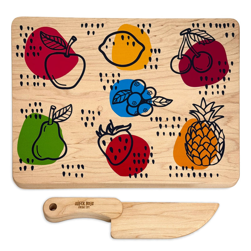 Kid's Chef-in-Training Fruit Wooden Cutting Board with Handcrafted Wooden Knife-zoom-